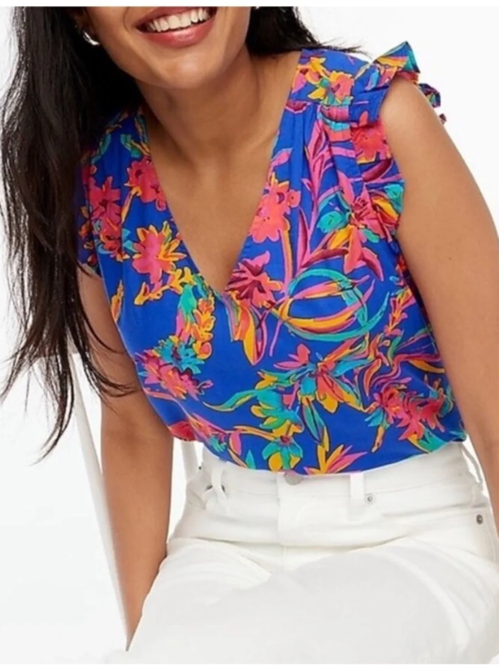 J.CREW TROPICAL COTTON VIBRANT BLUE FLORAL V-NECK RUFFLE TOP SIZE LARGE AIRY